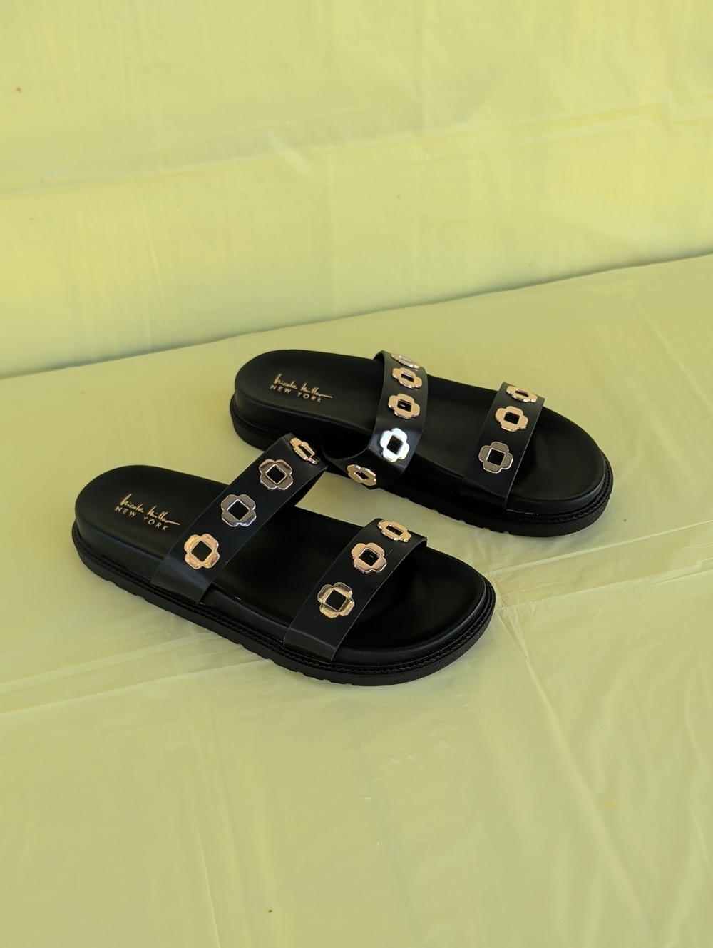 Black Slide Sandals with Silver Accents